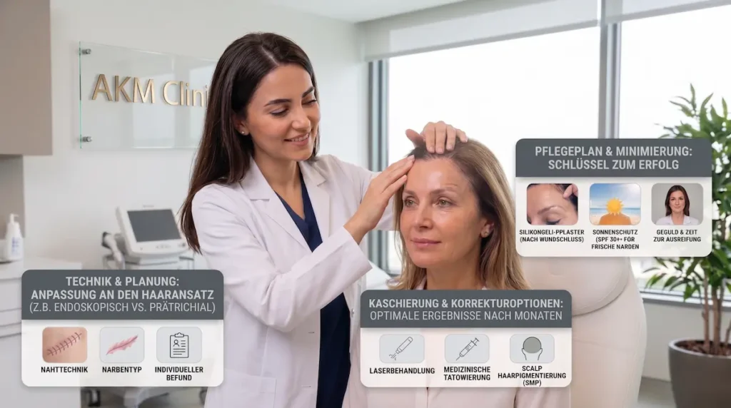 Narben nach Stirnlifting: Ärztin untersucht den Haaransatz einer Patientin und erklärt Pflege, Silikon, Sonnenschutz und Kaschierung.