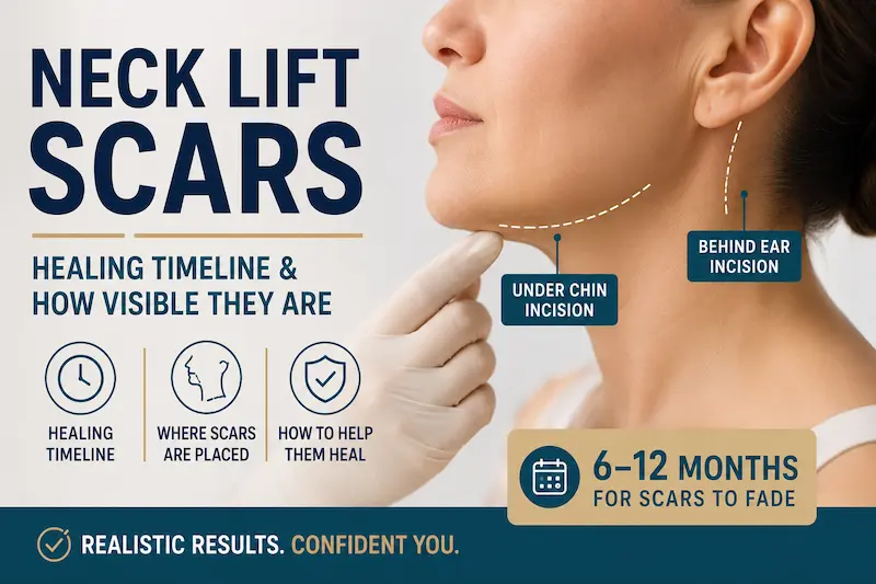 Neck lift scars infographic showing under chin and behind ear incision sites with a 6–12 month healing timeline.