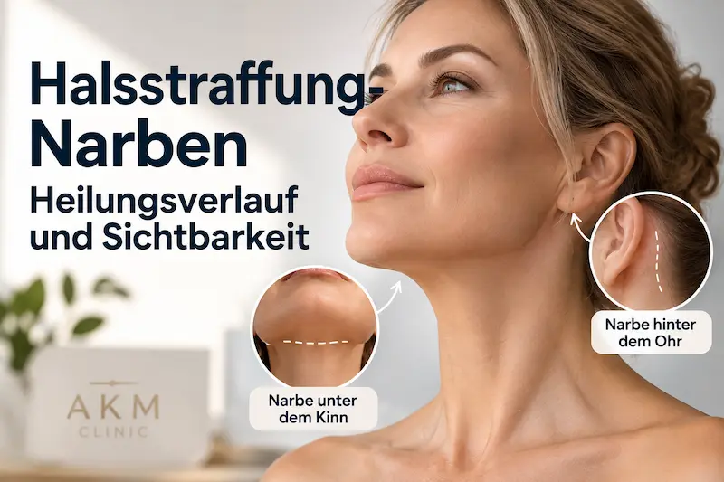 Halsstraffung Narben mit markierter Narbe unter dem Kinn und hinter dem Ohr bei einer Frau im Klinikmotiv.