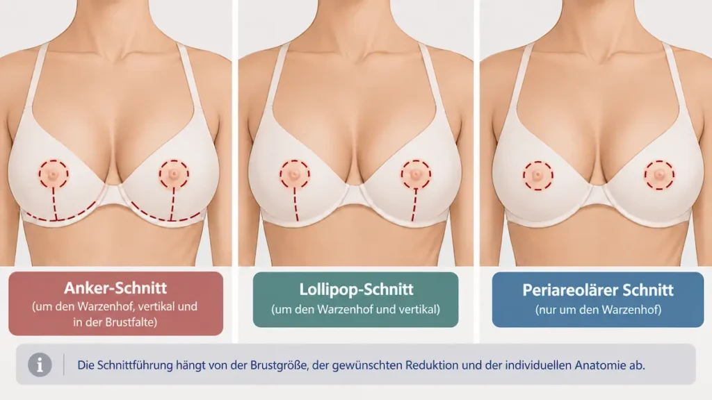 Infografik zeigt Narben nach der Brustverkleinerung mit Anker, Lollipop und periareolärer Schnittführung.