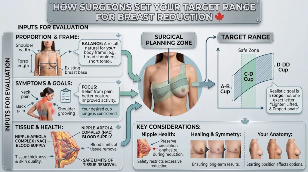 Breast reduction size chart showing how surgeons set a safe target range using frame, symptoms, tissue health, and anatomy.