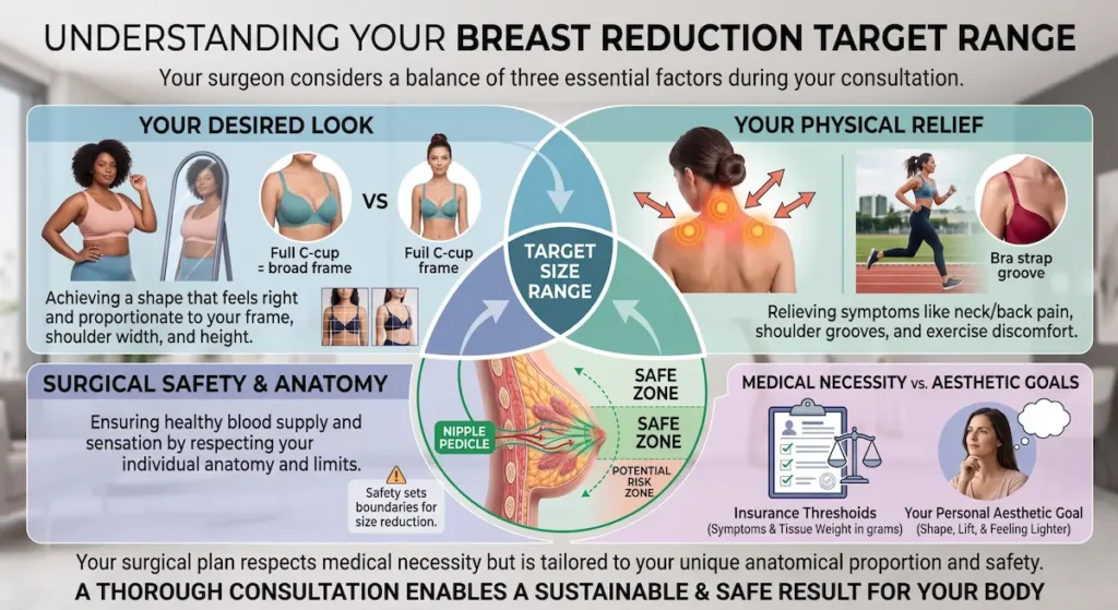 Breast reduction size chart infographic showing target size range, symptom relief, anatomy, and surgical safety factors.