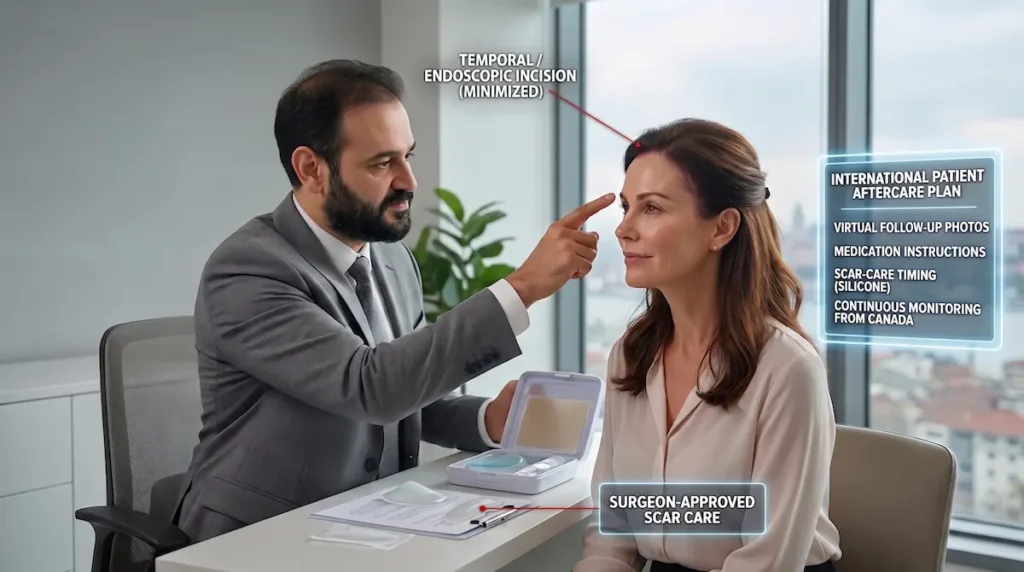 Surgeon reviewing brow lift scars aftercare with a patient, showing temporal incision placement and scar-care timing.