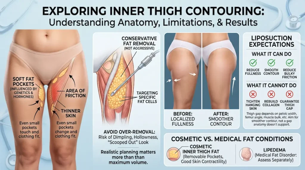 Inner thigh liposuction diagram showing fat pockets, thinner skin, friction areas, and realistic contour limits.