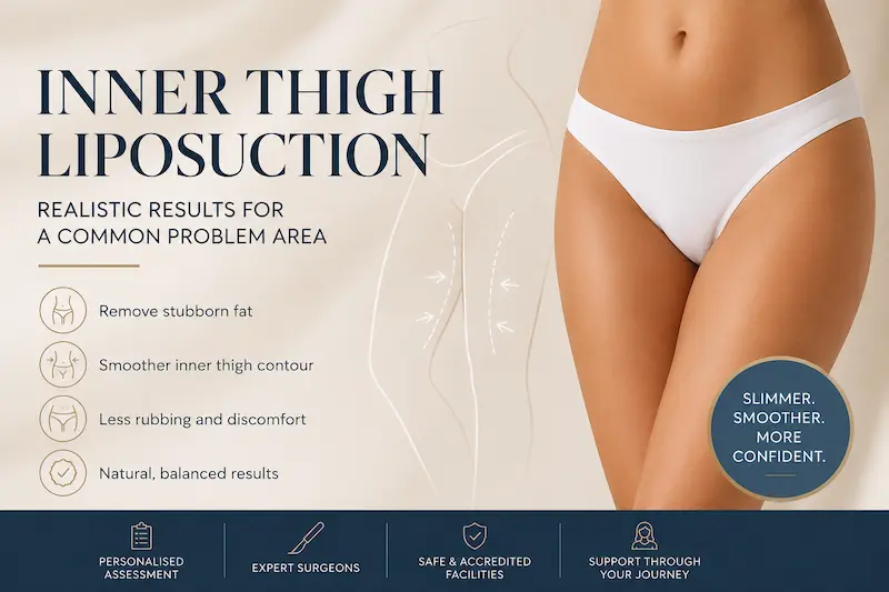 Cover graphic for inner thigh liposuction showing realistic contour goals, smoother thighs and balanced results.