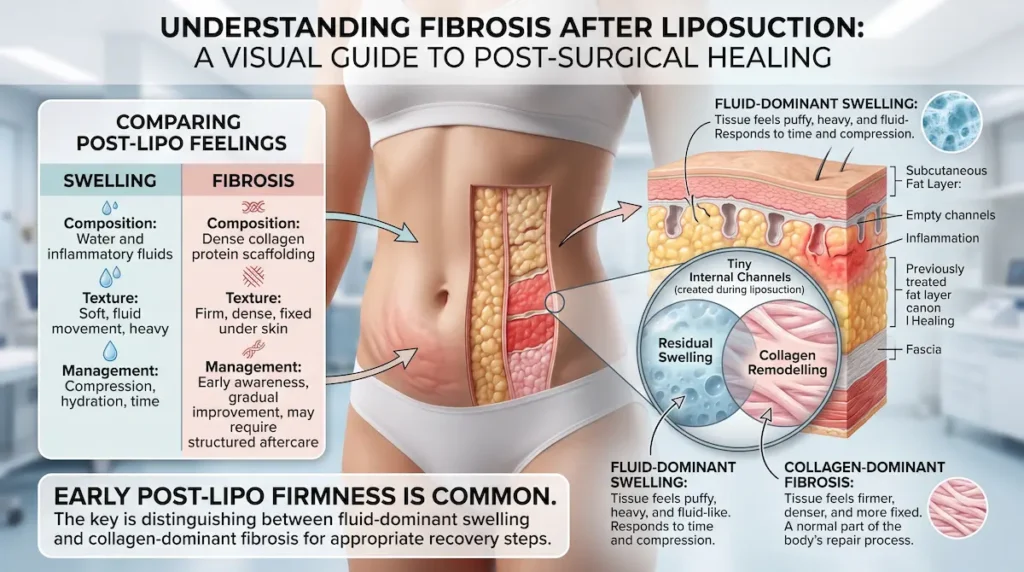 Medical illustration explaining fibrosis after liposuction by comparing fluid swelling, collagen remodelling, and firm post-lipo tissue.