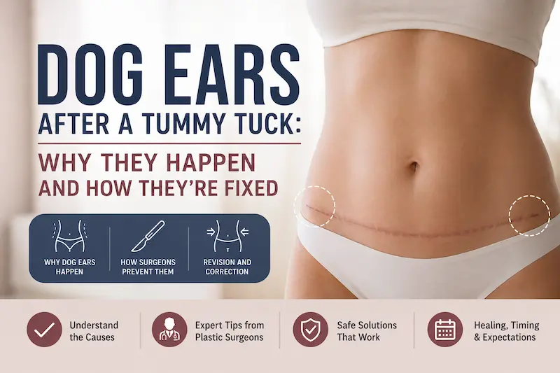 Cover image explaining dog ears after tummy tuck, showing incision end folds, causes, prevention, and revision options.