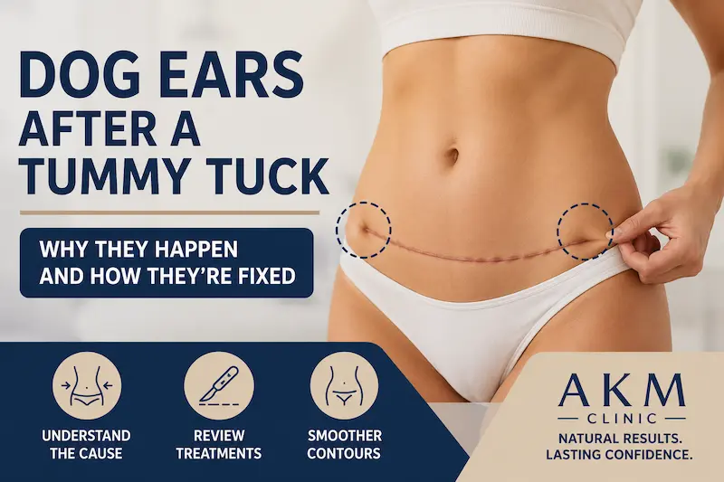 Graphic showing dog ears after tummy tuck at both scar ends, with a torso visual and notes on causes, revision, and smoother contour planning.