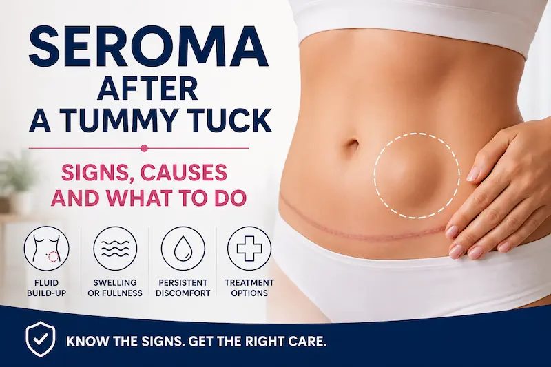 Educational cover image about seroma after tummy tuck, showing an abdomen with a healing tummy tuck scar and fluid build-up signs.