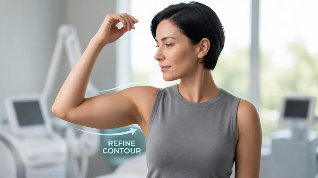 Woman flexing her upper arm with contour guidance for is arm liposuction worth it decision support.