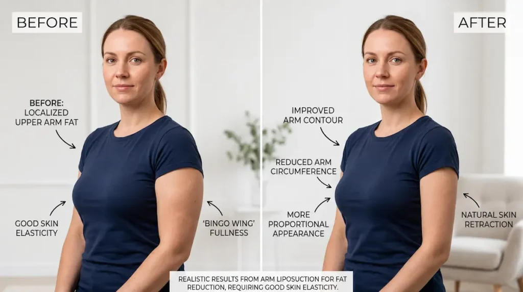 Before and after visual for is arm liposuction worth it, showing upper arm fat reduction with good skin elasticity.