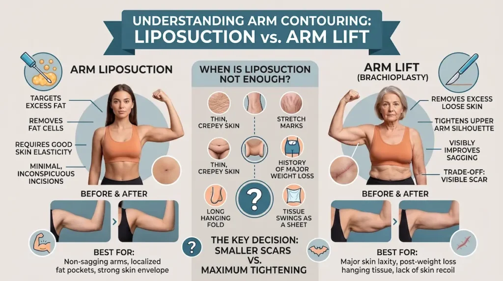 Infographic answering is arm liposuction worth it by comparing liposuction limits, loose skin signs, and arm lift options.