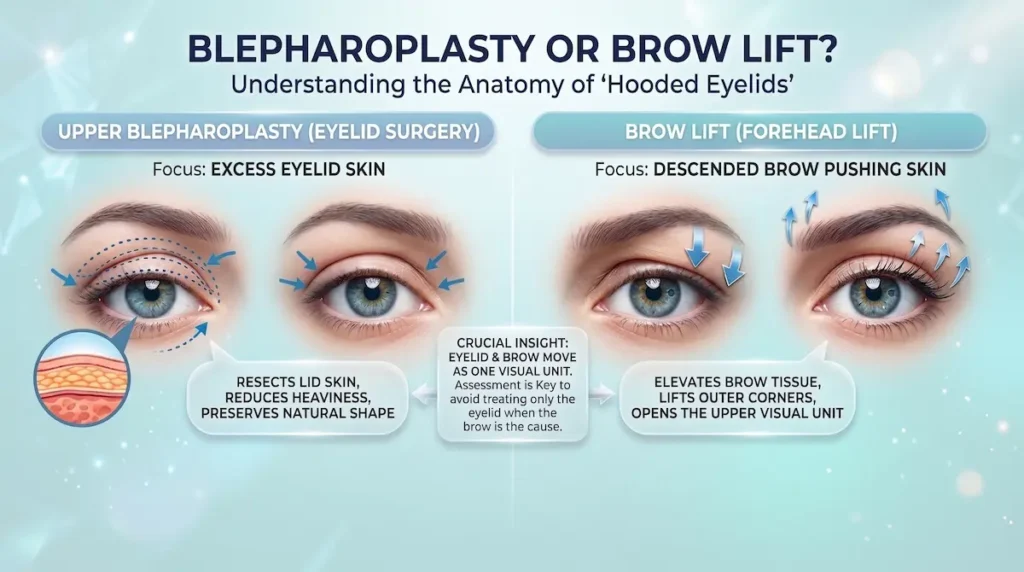 Diagram comparing upper blepharoplasty and brow lift assessment for hooded eyelid surgery planning.