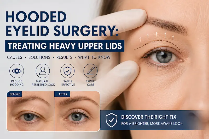 Close up medical graphic for hooded eyelid surgery showing heavy upper lids, eyelid markings, and natural looking results.