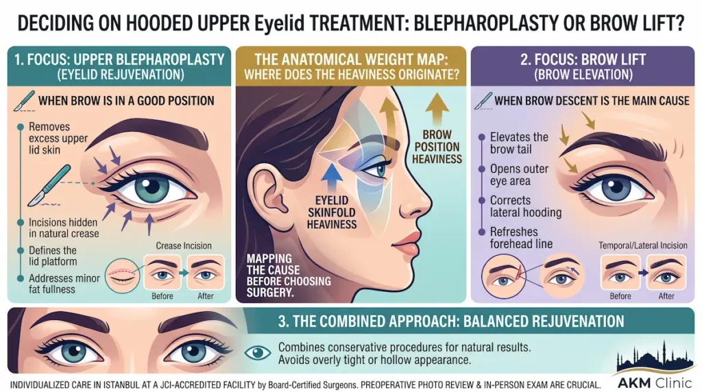 Diagram comparing upper blepharoplasty and brow lift options for hooded eyelid surgery and brow descent.