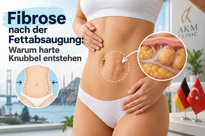 Fibrose nach Fettabsaugung im Bauchbereich mit markierten harten Knubbeln, Gewebevergrößerung und medizinischer Erklärung zur Heilung.