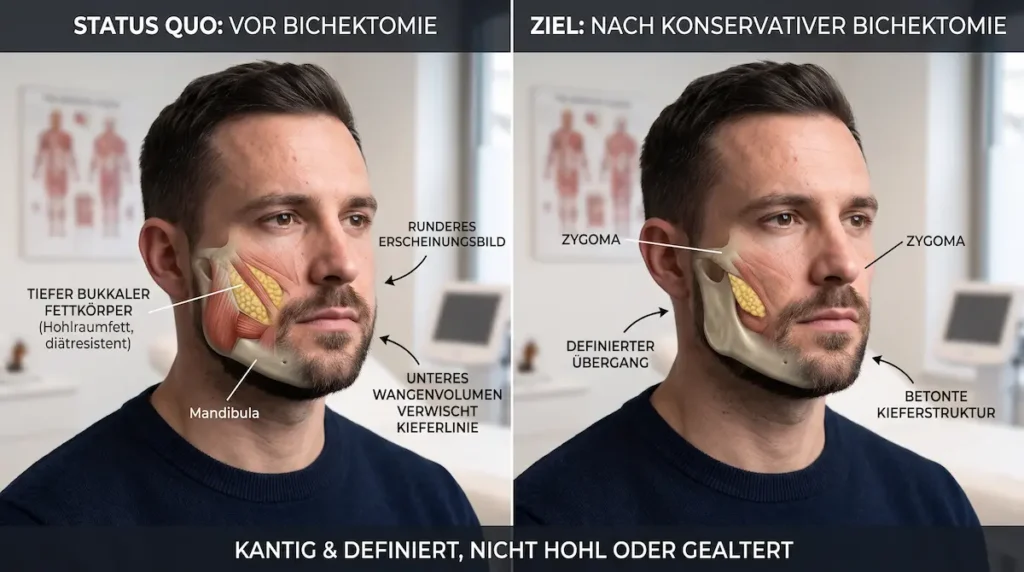 Bichektomie Männer Grafik mit Wangenfett, Zygoma und Kieferlinie vor und nach konservativer Planung