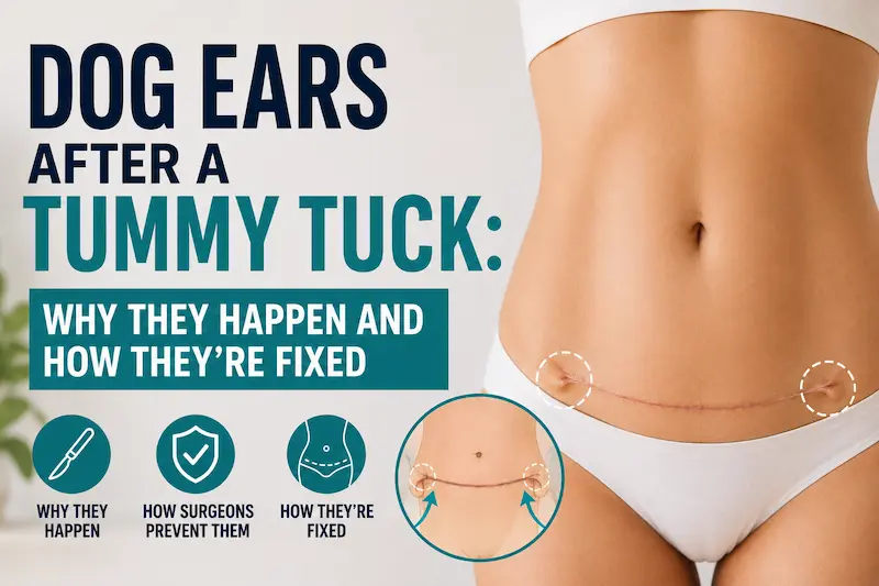 Dog ears after tummy tuck shown on a medical cover image with scar end folds highlighted for patient education.