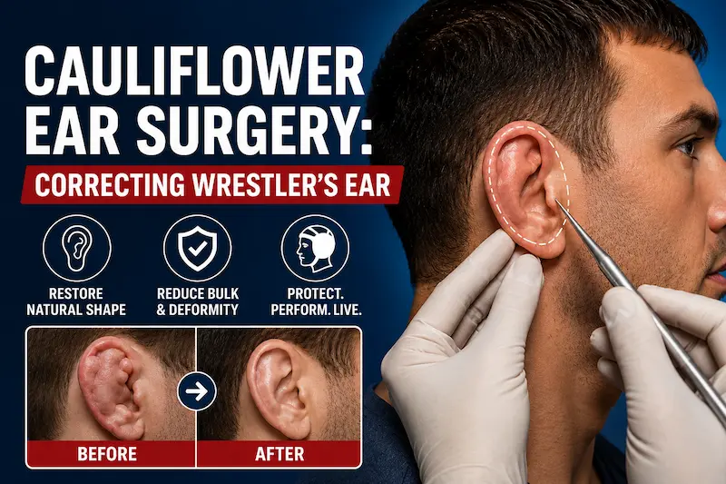 Cauliflower ear surgery cover showing a man’s ear exam, before and after repair, and bold icons for shape restoration.