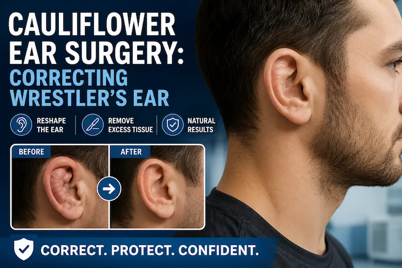 Cauliflower ear surgery cover image showing wrestler’s ear correction, ear reshaping, and before and after ear results.
