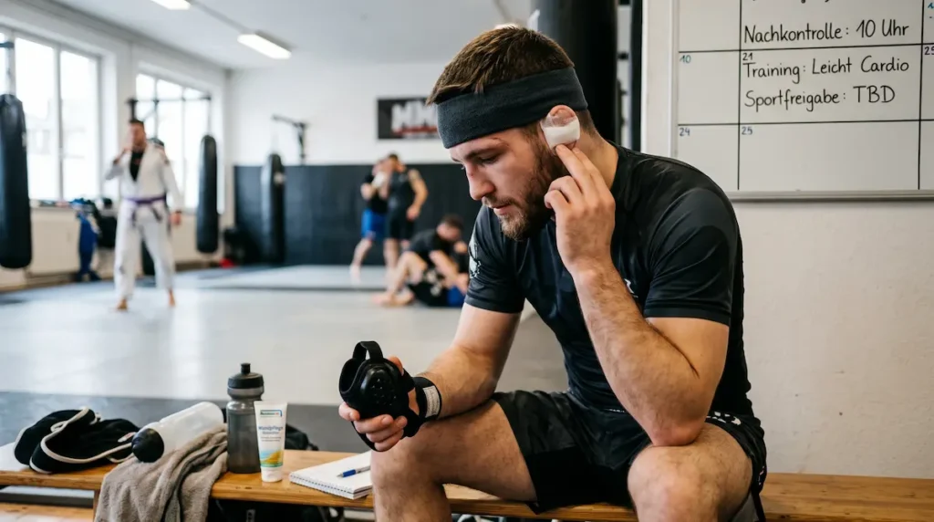 Sportler nach Blumenkohlohr OP mit Stirnband und Ohrverband zur Heilung und Rückfallvermeidung.