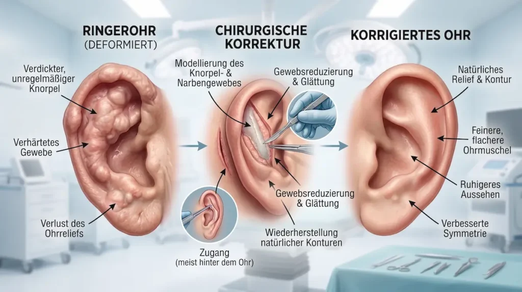 Infografik zur Blumenkohlohr OP mit deformiertem Ringerohr, chirurgischer Korrektur und korrigierter Ohrform.