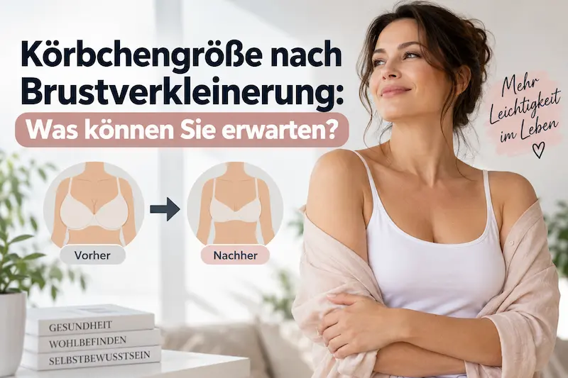 Titelbild zur Körbchengröße nach Brustverkleinerung mit Vorher Nachher Grafik und einer Frau, die mehr Leichtigkeit symbolisiert.