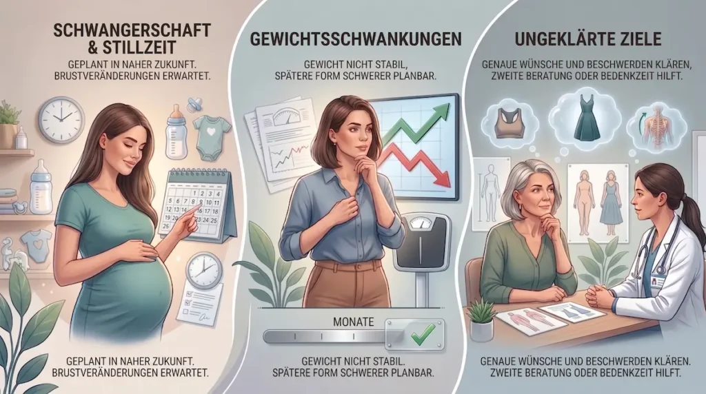 Infografik zu brustverkleinerung bereuen mit Schwangerschaft, Stillzeit, Gewichtsschwankungen und ungeklärten Zielen als Gründe zum Warten.