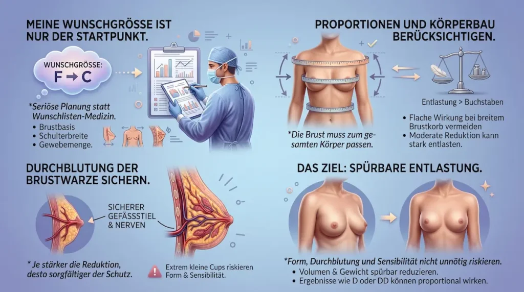 Infografik zur Körbchengröße nach Brustverkleinerung mit Zielplanung, Körperproportionen und Schutz der Brustwarzen Durchblutung.