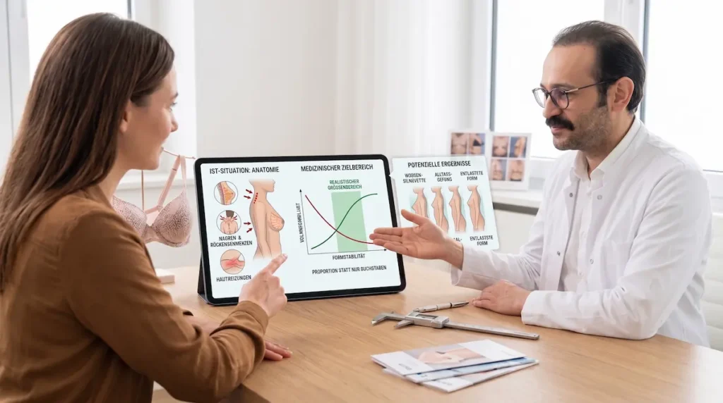 Arzt erklärt einer Patientin die Körbchengröße nach Brustverkleinerung anhand von Anatomie, Zielbereich und Proportionen.