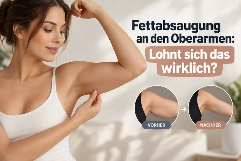 Frau prüft ihren Oberarm neben Vorher Nachher Vergleich zur Fettabsaugung Oberarme und realistischen Ergebnissen.