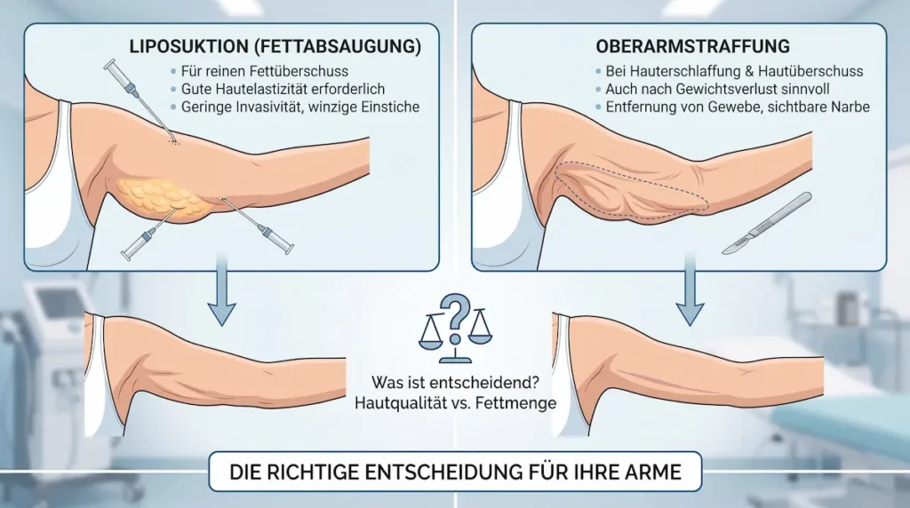 Medizinische Grafik zur Fettabsaugung Oberarme und Oberarmstraffung mit Vergleich von Fettmenge, Hautqualität und Hautüberschuss.