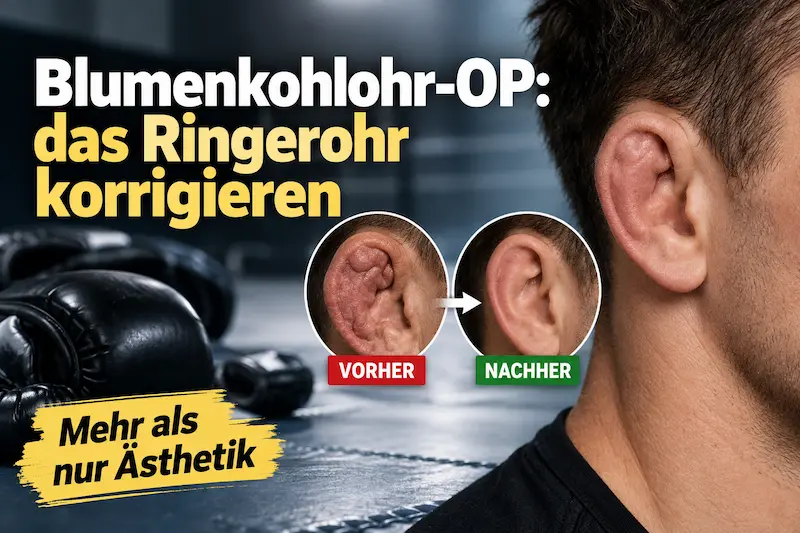 Blumenkohlohr OP zur Korrektur eines Ringerohrs bei Kampfsportlern, mit Vorher Nachher Vergleich am Ohr.