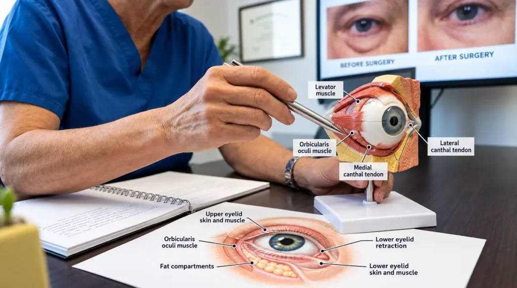 Botched lower eyelid surgery image showing a surgeon reviewing eye anatomy and revision planning.