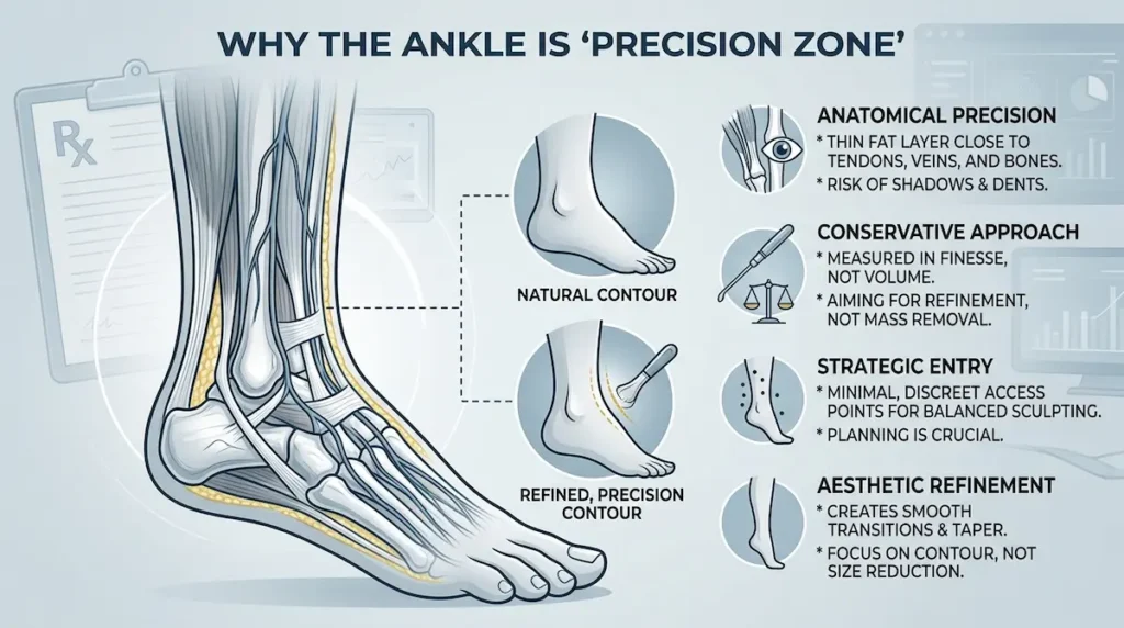 Ankle liposuction anatomy graphic showing why the ankle is a precision zone with tendons, veins, and contour risks.