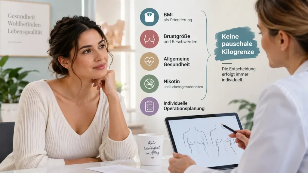 Voraussetzungen für die Brustverkleinerung: Ärztin berät Patientin zu BMI, Brustgröße, Gesundheit und individueller Operationsplanung ohne pauschale Kilogrenze.