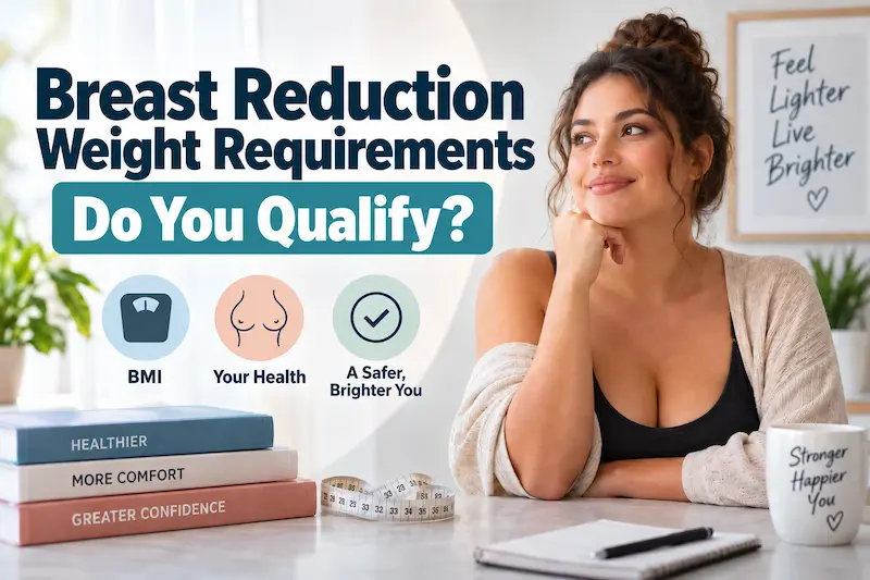 Cover image for breast reduction weight requirements showing BMI, health and candidacy icons beside a thoughtful woman.
