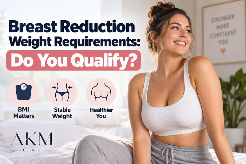 Breast reduction weight requirements guide with a woman, BMI, stable weight, and health icons for surgery candidacy.