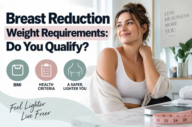 Breast reduction weight requirements infographic showing BMI and health criteria beside a woman in a clinic setting.