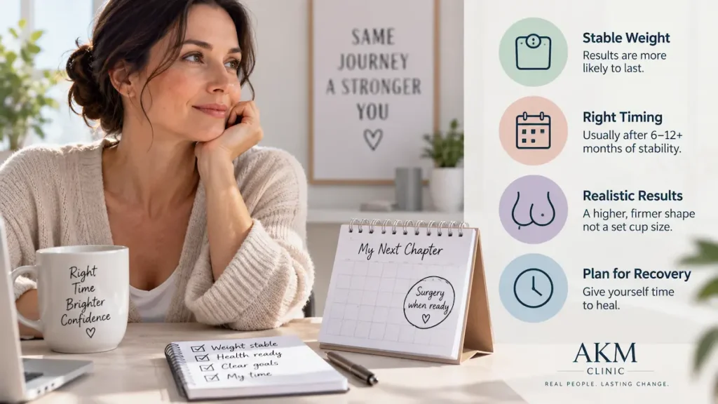 Woman planning breast lift after weight loss with stable weight, right timing, realistic results and recovery icons.