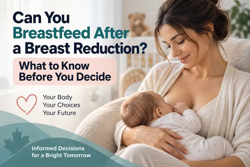 Mother nursing her baby beside guidance text about breastfeeding after breast reduction and making an informed choice.