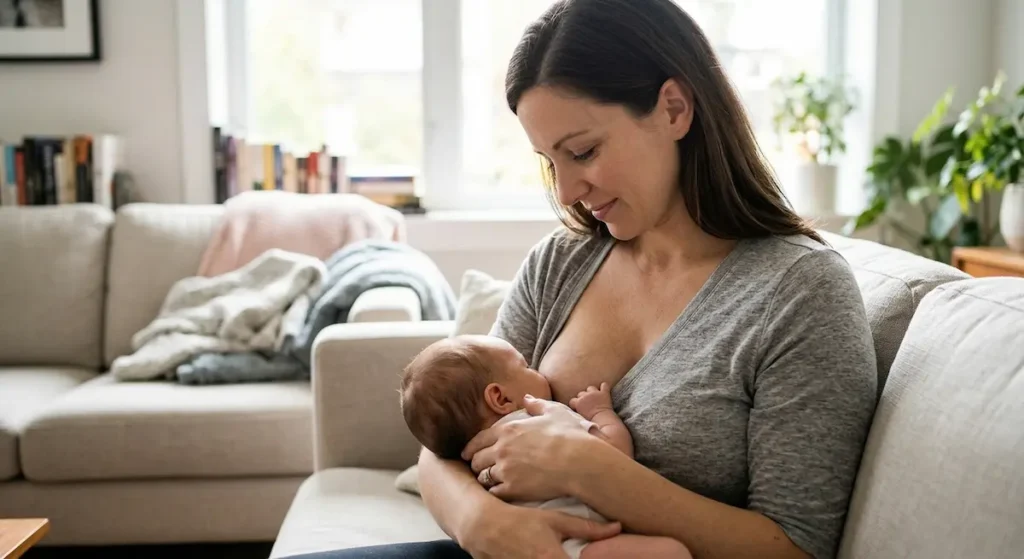 Mother nursing her baby at home while learning about breastfeeding after breast reduction and realistic feeding outcomes.