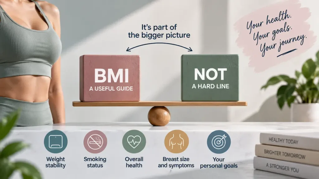 Breast reduction weight requirements visual showing BMI as a useful guide, not a hard line, with key health factors.