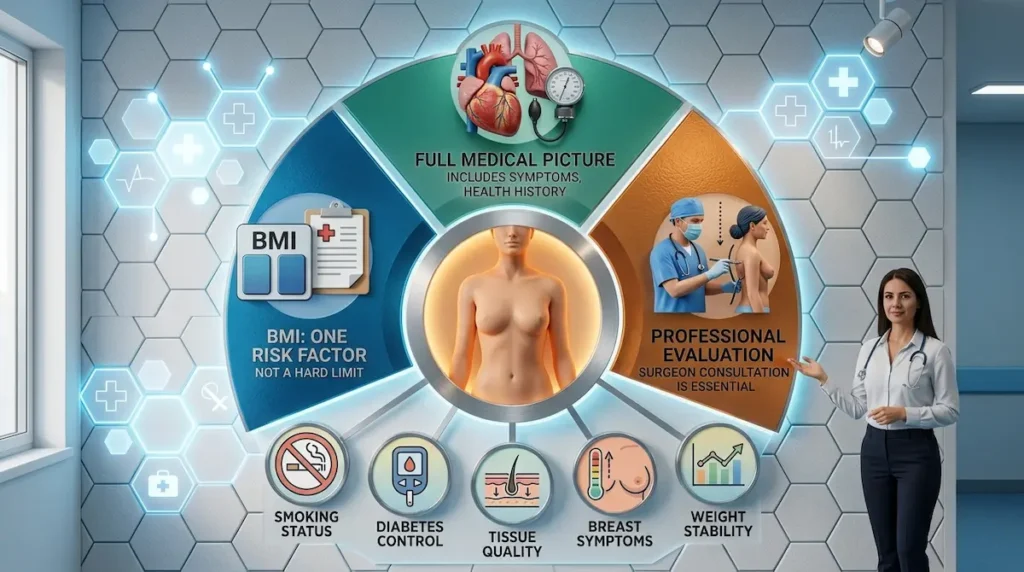 Infographic on breast reduction weight requirements showing BMI as one risk factor in a full medical evaluation.