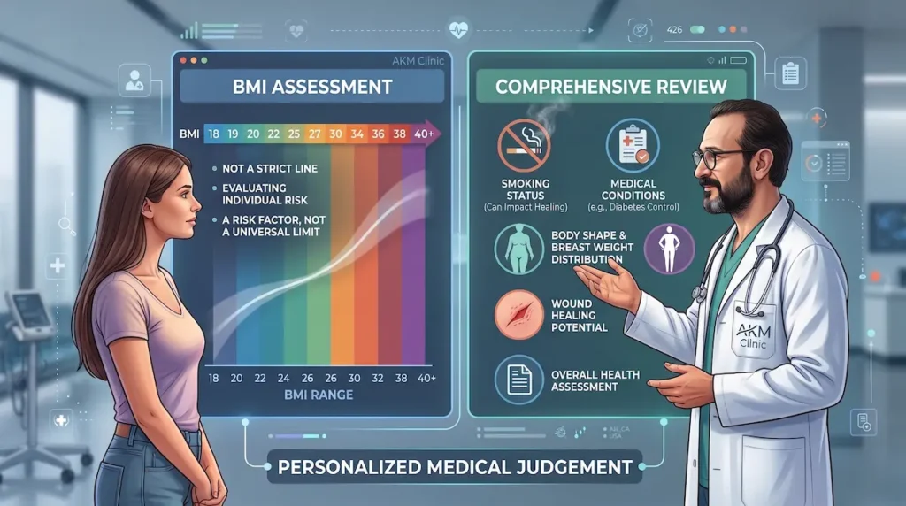 Doctor explains breast reduction weight requirements with BMI range, smoking status, medical conditions and wound-healing factors.
