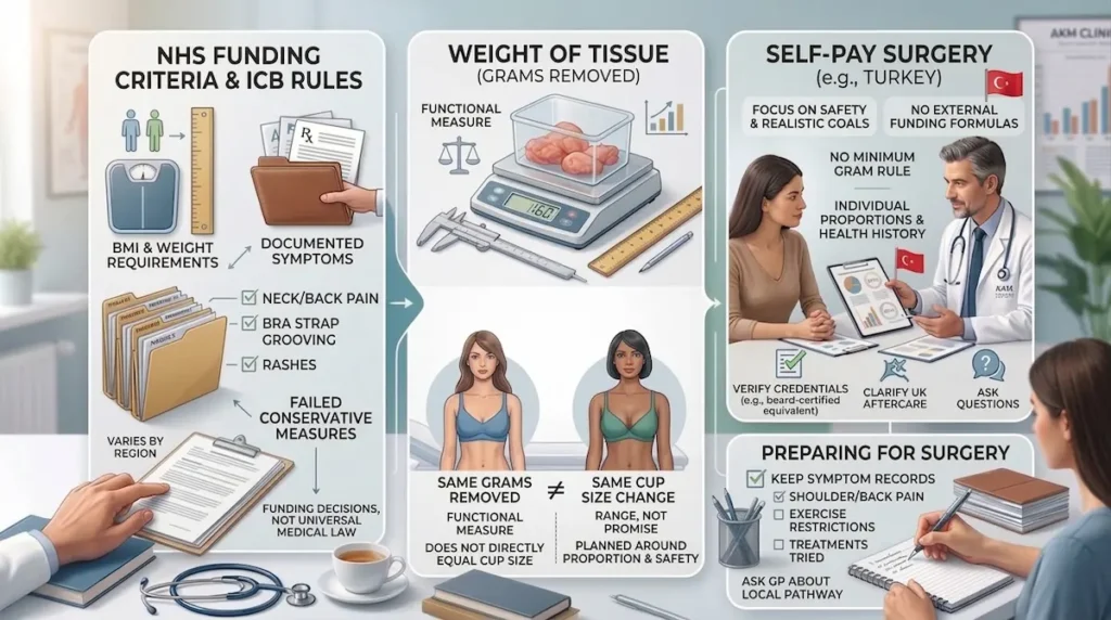 Breast reduction weight requirements graphic explaining NHS criteria, ICB rules and grams removed for UK patients.