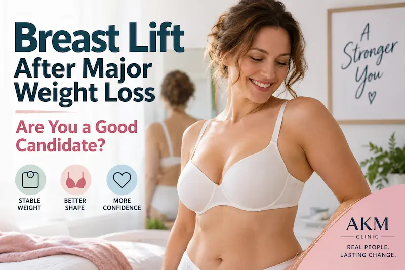 Cover image for a breast lift after weight loss guide, showing a woman with stable weight, better shape and more confidence icons.