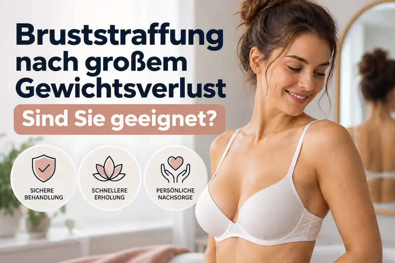 Bruststraffung nach Abnehmen Titelbild mit Frau, Sicherheitsrosetten und Nachsorge-Symbolen nach Gewichtsverlust.