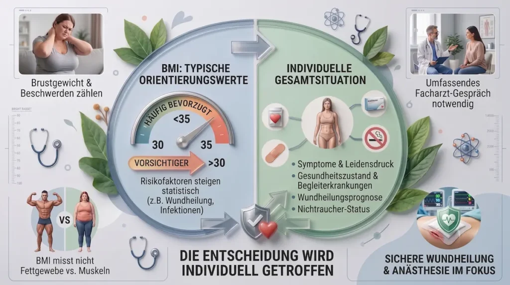 Voraussetzungen für die Brustverkleinerung: Infografik zu BMI-Orientierung, Risikofaktoren und individueller Bewertung vor der Brust-OP.