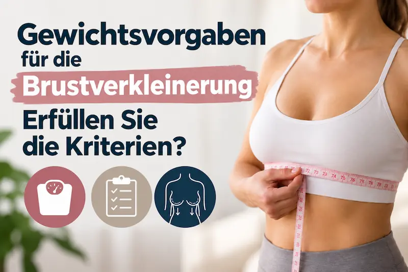 Voraussetzungen für die Brustverkleinerung: Frau misst den Brustumfang mit Maßband, neben Symbolen für Gewicht, Checkliste und OP-Kriterien.